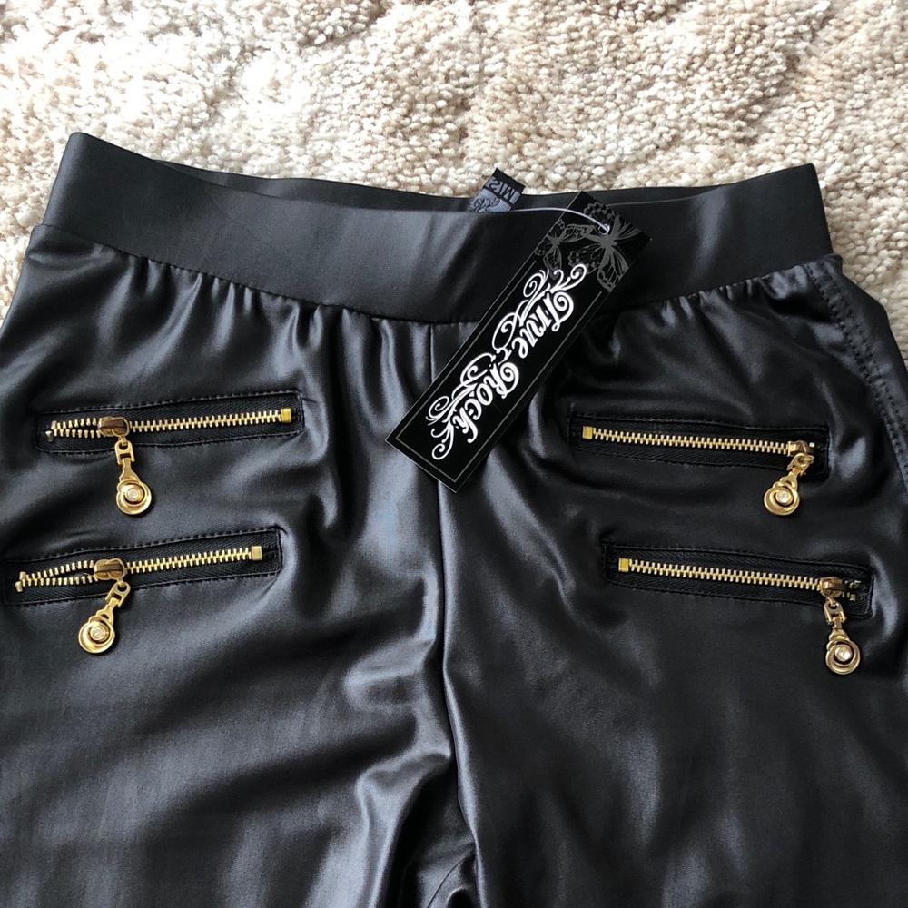 TRUE ROCK Black Faux Leather Pants with Gold Zippers - Picture 2 of 5